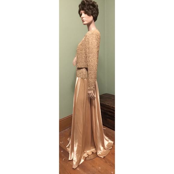 Vintage PAMELA DENNIS Gold Beaded Silk Satin Gown w/Beaded Jacket - Picture 11 of 12
